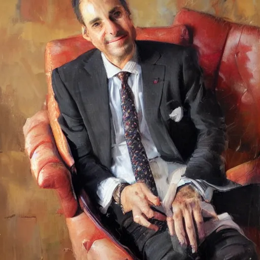 Image similar to portrait of a calico cat sitting on the lap of a man wearing a suit, rob rey, giuseppe dangelico pino, michael garmash, highly detailed, masterpiece