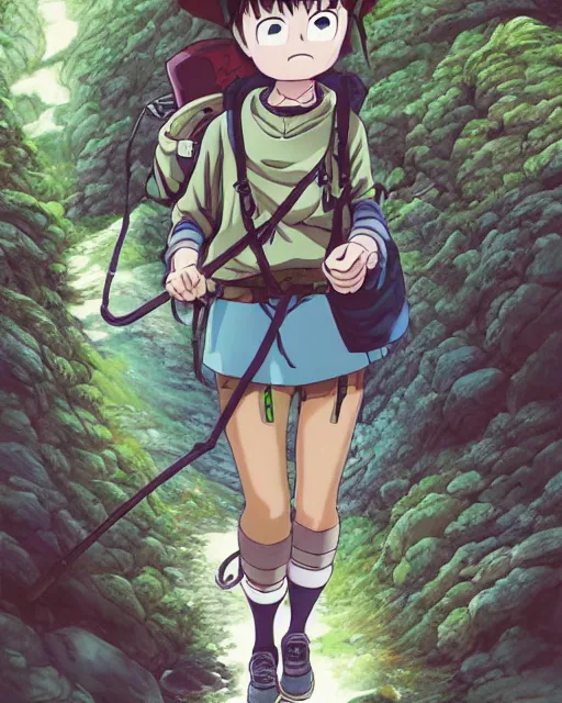 Image similar to a girl hiking the appalachian mountains, full shot, visible face, ambient lighting, detailed, very modern anime style, art by akira toriyama, eiichiro oda, hayao miyazaki, kentaro miura, masashi kishimoto