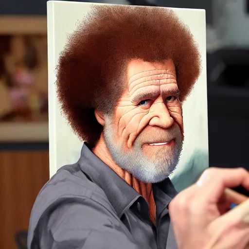 Image similar to a closeup photorealistic photograph of bob ross working on a canvas painting of hawkeye. film still. brightly lit scene. this 4 k hd image is trending on artstation, featured on behance, well - rendered, extra crisp, features intricate detail, epic composition and the style of unreal engine.