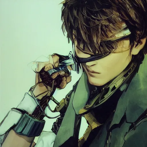 Image similar to portrait of a young white hero using his right arm to grip a katana that is covering his eye by yoji shinkawa, high quality, extra details, realism, ornate, colored, golden chain, blood, white skin, short hair, brown eyes, vivid, sunlight, red headband, black eyepatch, white american soldier, painting, cybernetics, military