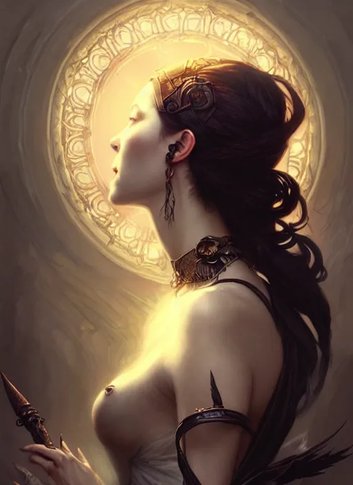 Image similar to a beautiful cinematic female Necromancer Sorceress goddess of death, fantasy magic, undercut hairstyle, dark light night, intricate, elegant, sharp focus, illustration, highly detailed, digital painting, concept art, matte, art by WLOP and Artgerm and Greg Rutkowski and Alphonse Mucha, masterpiece