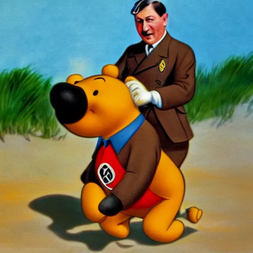 Prompt: adolf hitler riding winnie the pooh pickyback on the beach, high resolution