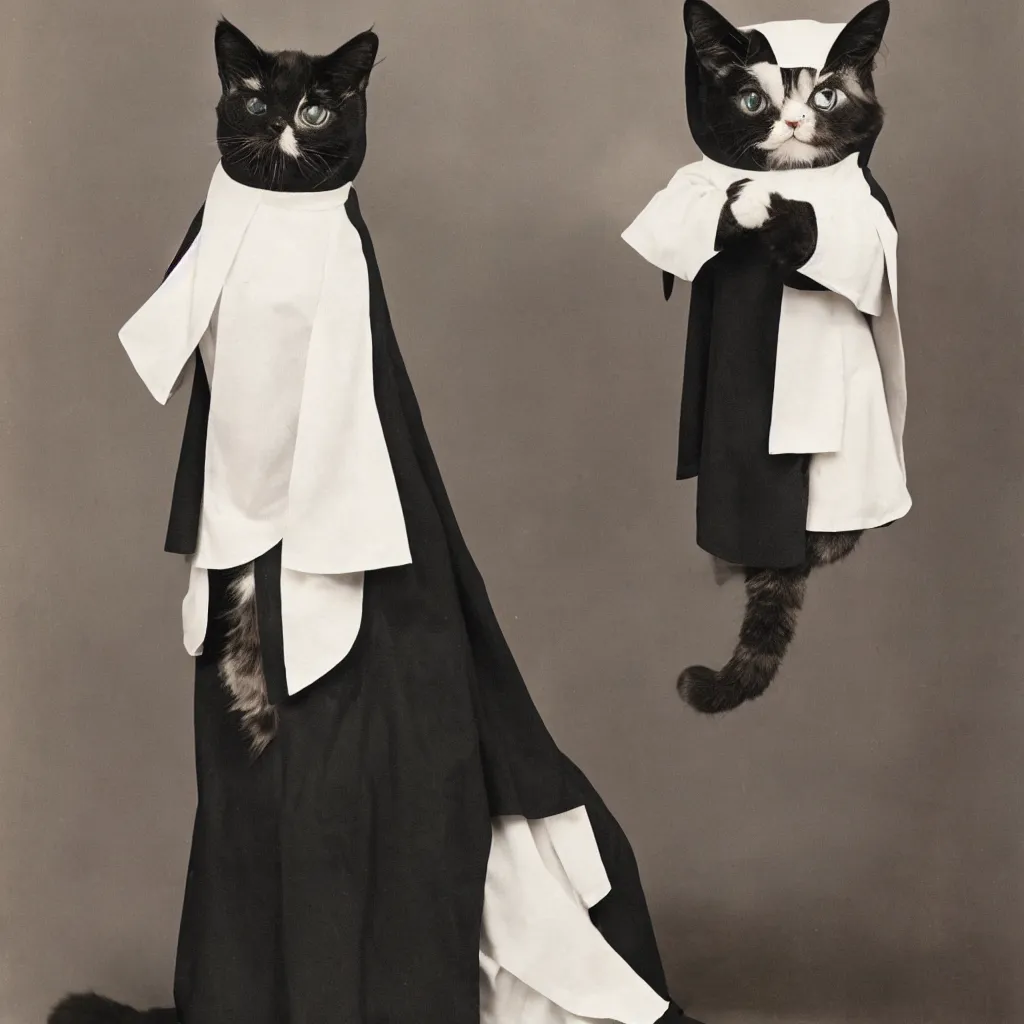 Prompt: color studio photo of a cute cat dressed like a nun