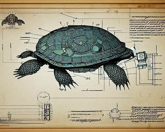 Image similar to a full page of a mechanical blueprint showing a design for a mechanized turtle from howl's moving castle ( 2 0 0 4 ), with a big head, muted colors, post grunge, studio ghibli, hq,