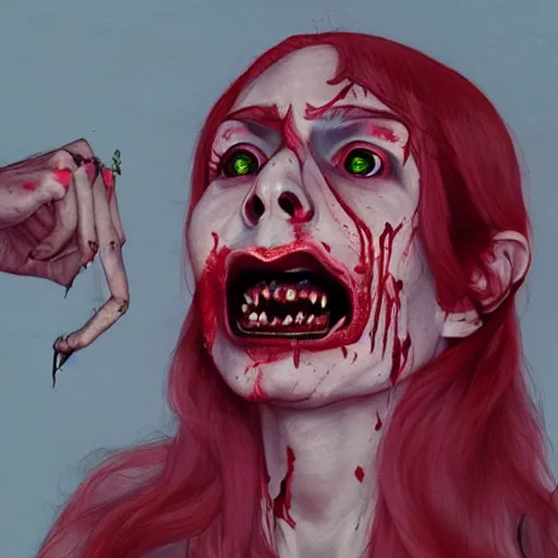 Prompt: a satanic screaming woman with bloody eyes by martine johanna and ruan jia, macabre