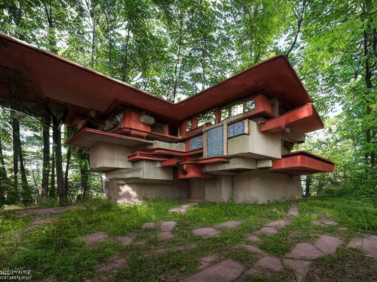 Prompt: hyperrealism vibrant solarpunk design by frank lloyd wright and kenzo tange and hayao miyazaki and scott photography of beautiful detailed small solarpunk house with many details, situated in small detailed ukrainian village field behind the house, around the forest volumetric natural light