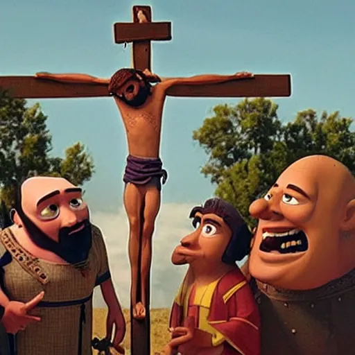 Image similar to jesus christ crucifixion, christian art, as a car from the movie pixar's cars 2,