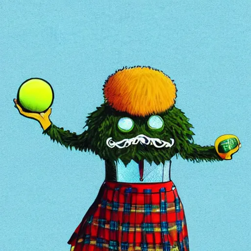 Image similar to a tennis ball monster wearing a scottish kilt, big mustache, scotland blue, digital art, fantasy, magic, chalk, trending on artstation, ultra detailed, professional illustration by basil gogos