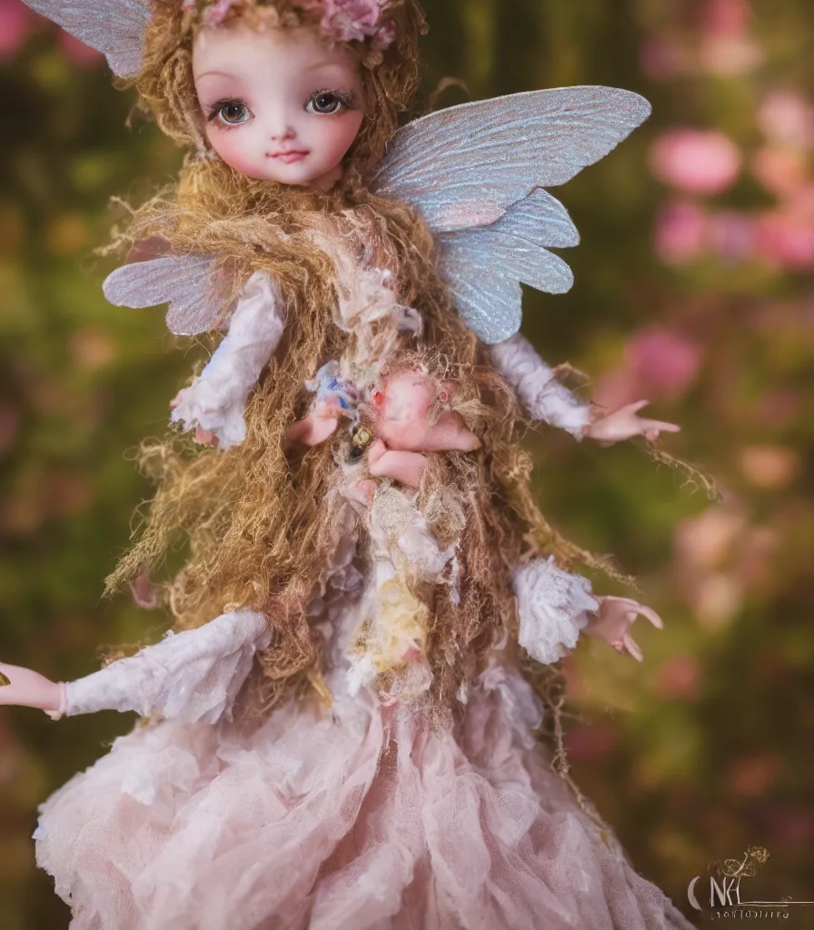 Image similar to high quality presentation photo of a detailed fairy doll in the style of Nicoletta Ceccoli photography 4k f1.8 anamorphic bokeh 4k Canon Nikon