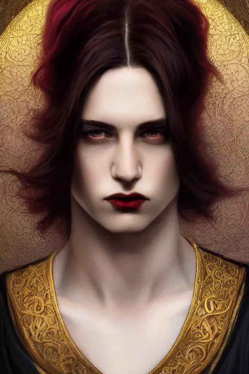 Image similar to a beautiful androgynous man, long thick dark hair, deep brown eyes, vampire, dressed in velvet, wearing a ruby pendant, illustration, dramatic lighting, soft details, painting oil on canvas, art nouveau, octane render, HDR, 4k, 8k, HD, by Edmund Blair Leighton, Brom, Charlie Bowater, faces by otto schmidt