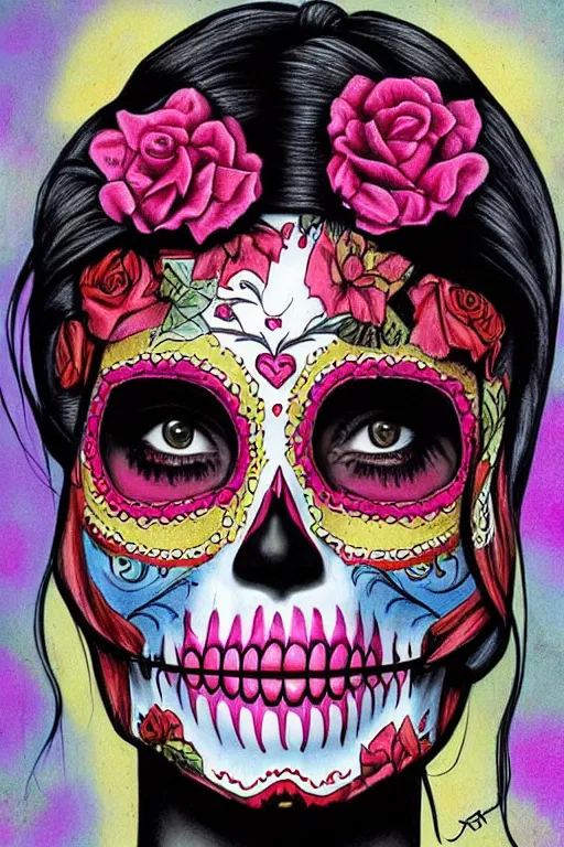 Prompt: Illustration of a sugar skull day of the dead girl, art by jason edmiston