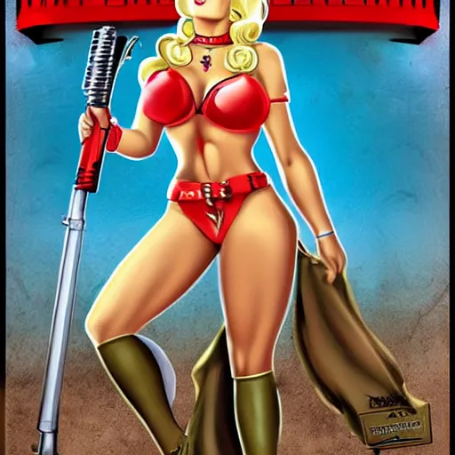 Image similar to pinup art warhammer imperial guard girl dropping bomb blond