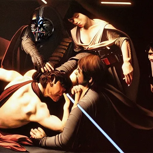 Image similar to a caravaggio artwork film still of star wars, artwork by caravaggio