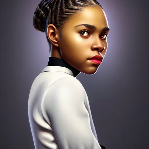 Image similar to a photorealistic hyperrealistic, bright brown eyes, light skinned african young girl, ponytail hair, flawless face, beautiful lips, cute face, black turtle neck shirt, by wlop, artgerm, greg rutwoski, alphonse mucha, beautiful dynamic dramatic low - light moody lighting, cinematic atmosphere, artstation, concept design art, octane render, 8 k