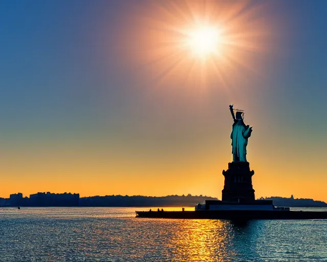 Image similar to 4 k hd, high resolution photograph of statue of liberty at sunrise, shot with sigma f / 4. 2, 2 5 0 mm sharp lens, wide shot, volumetric lighting, high level texture render