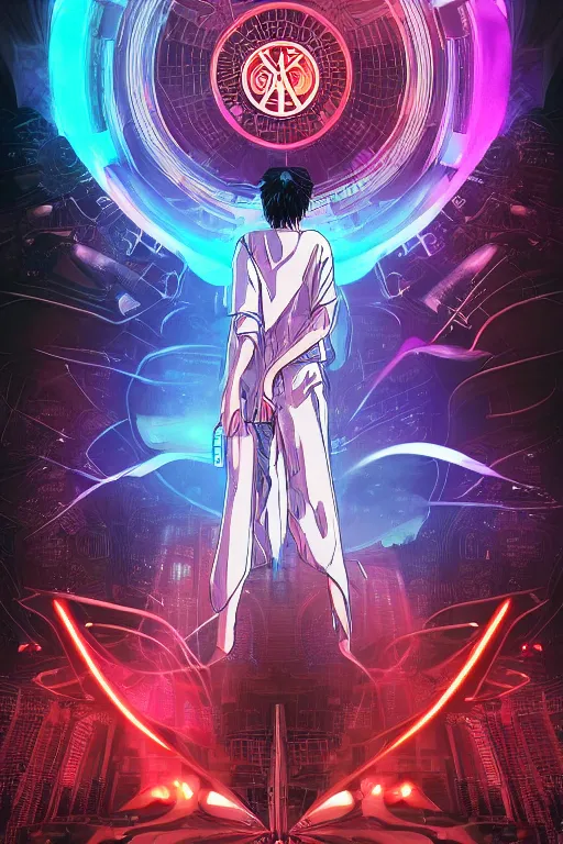 Image similar to white arc-angel with mystic robotic wings, blade runner, akira, ghost in the shell, 2077, style of Laurie Greasley and Satoshi Kon + symmetric lights and smoke, psychedelic effects , glowing particles, neon rain, glowing runes, de-noise, symmetrical composition, high detailed + tarot card, ornate border, 8k