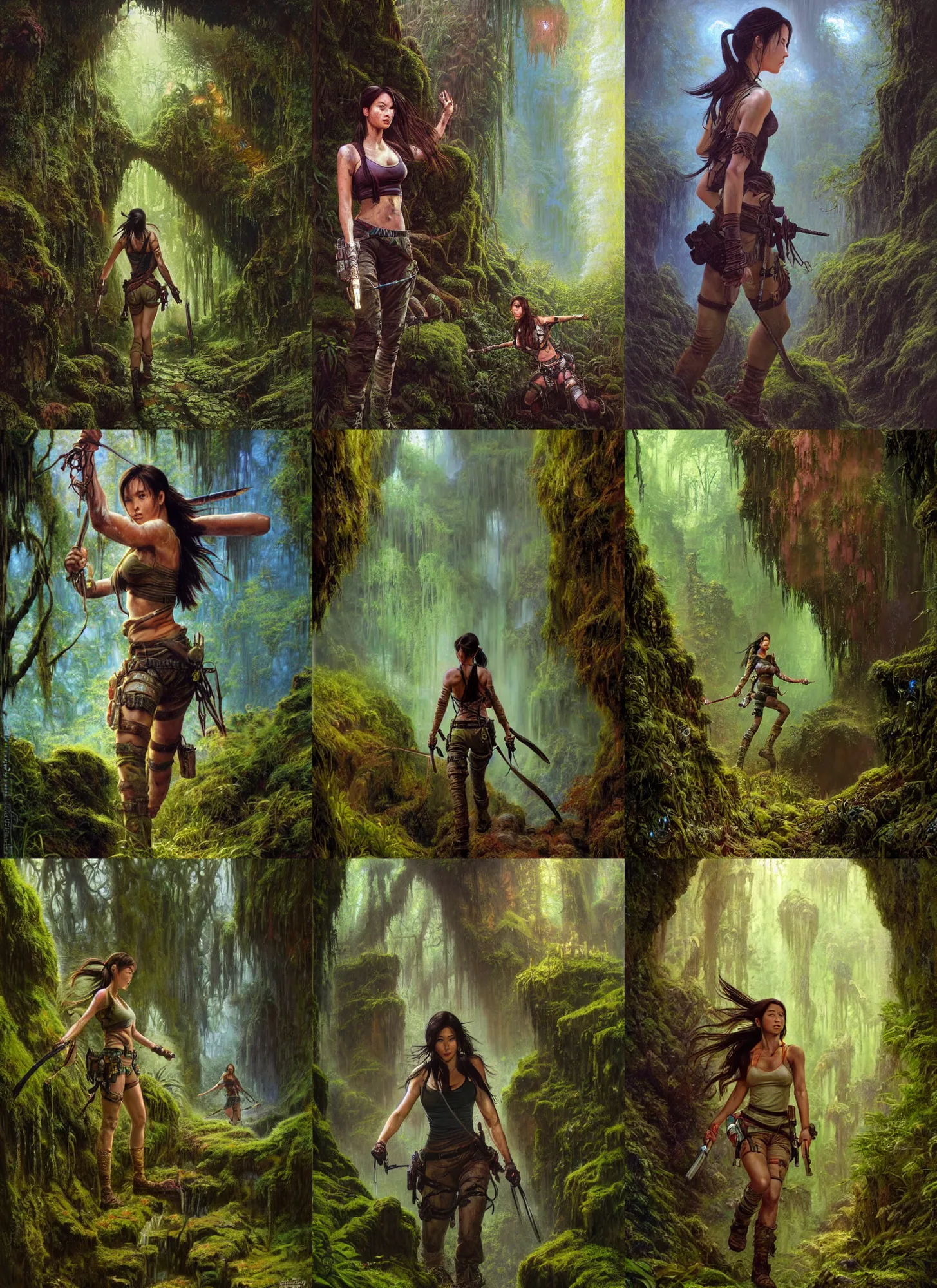 Prompt: close portrait of angelababy as a muscled tomb raider walking through damp mossy ruins, bright colors, biotechnology, cave glowing stones, epic composition, donato giancola, tim hildebrandt, wayne barlow, bruce pennington, larry elmore