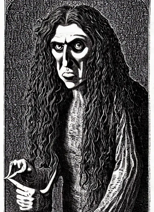 Image similar to illustration of weird al yankovic as a demon from the dictionarre infernal, etching by louis le breton, 1 8 6 9, 1 2 0 0 dpi scan, ultrasharp detail, clean scan