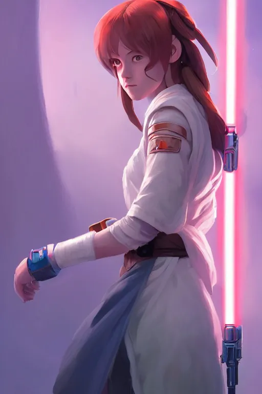 Image similar to a portrait of a cute female jedi, star wars setting, vivid colors, soft lighting, atmospheric, cinematic, moody, in the style of ilya kuvshinov and range murata, krenz cushart, oil on canvas, 8 k