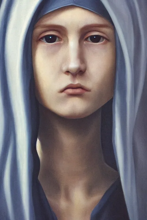 Prompt: hyperrealism oil painting, complete darkness background, close - up face portrait from above, young european nun fashion model, sad face, pale skin, in style of classicism mixed with 8 0 s sci - fi japanese books art