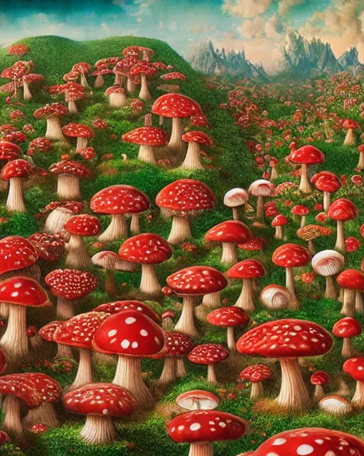 Prompt: a highly detailed strange fantastic magical red and white mushroom forest of houses and their inhabitants, many stories, by jacek yerka, matte painting, 8k resolution, vivid