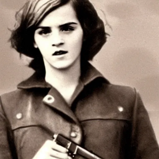 Image similar to photograph of soviet chekist comrade emma watson, posing in a long leather coat with a mauser c 9 6, vintage revolution photograph, famous photo