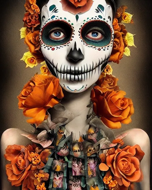 Prompt: dia de los muertos theme surrealist art in the styles of igor morski, jim warren, and a tim burton film, intricate, hyperrealistic, accurate facial details, profile picture with chromakey!!!!! background, volumetric lighting