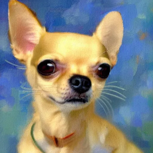 Image similar to chihuahua holding a camera, impressionist oil painting