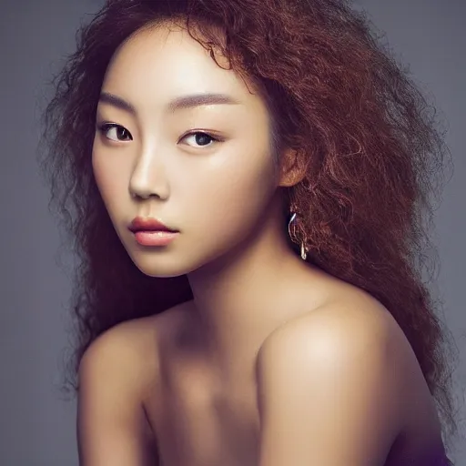 Image similar to a masterpiece portrait photo of a beautiful young woman who looks like a korean beyonce, symmetrical face