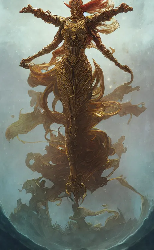 Image similar to playing card of ascending full body redhead goddess , intricate armor, highly detailed, glowing, action pose, cinematic, Art Deco, gold filigree, ethereal, artgerm, alfonso mucha, zdzisław beksiński, Andrei ryabovichev, Shaun tan, Chriss foss, Peter mohrbacher, 8k