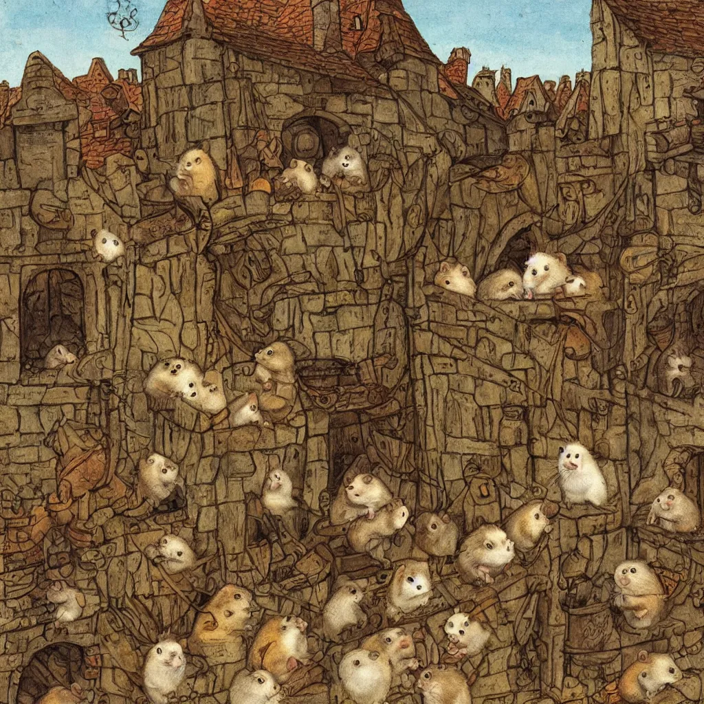 Prompt: a hamster in a medieval stockade, in the town square, crowd of angry hamsters surrounding, 1 2 th century europe theme