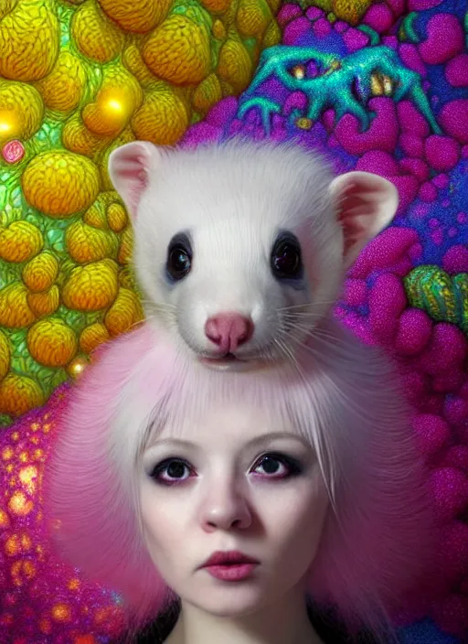 Image similar to hyper detailed 3d render like a Oil painting - kawaii portrait Aurora (white haired Singer Ferret) seen Eating of the Strangling network of yellowcake aerochrome and milky Fruit and Her delicate Hands hold of gossamer polyp blossoms bring iridescent fungal flowers whose spores black the foolish stars by Jacek Yerka, Mariusz Lewandowski, Houdini algorithmic generative render, Abstract brush strokes, Masterpiece, Edward Hopper and James Gilleard, Zdzislaw Beksinski, Mark Ryden, Wolfgang Lettl, hints of Yayoi Kasuma, octane render, 8k