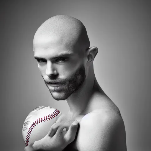 Image similar to male fashion model with a baseball head, professional photography, studio lighting