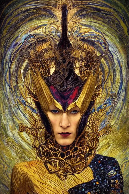 Prompt: Intermittent Chance of Chaos Muse by Karol Bak, Jean Deville, Gustav Klimt, and Vincent Van Gogh, trickster, enigma, Loki's Pet Project, destiny, Poe's Angel, Surreality, creativity, inspiration, muse, otherworldly, fractal structures, arcane, ornate gilded medieval icon, third eye, spirals