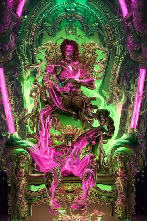 Prompt: fantasy rococo and cyberpunk style white neon statue of a muscular attractive tan male Peruvian macho dotado android reclining sim roupa con piroca dura, glowing pink face, white baseball cap, green steampunk lasers, emeralds, swirling white silk fabric. futuristic elements. prismatic liquid rainbow light, full-length view. space robots. human skulls. throne made of bones, intricate artwork by caravaggio. Trending on artstation, octane render, cinematic lighting from the right, hyper realism, octane render, 8k, depth of field, 3D