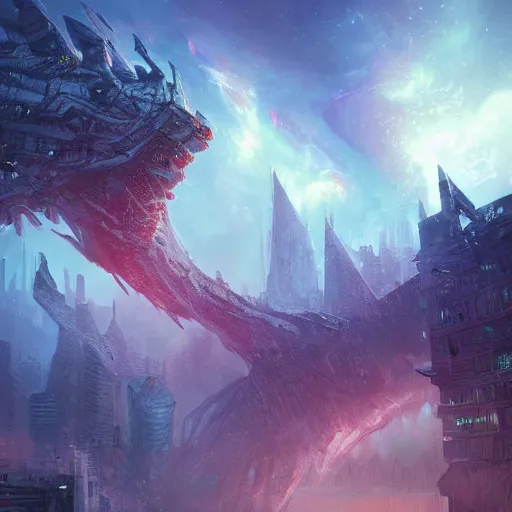 Image similar to a giant creature made out of nebulas rebuilding a city, dynamic lighting, photorealistic fantasy concept art, trending on art station, stunning visuals, creative, cinematic, ultra detailed