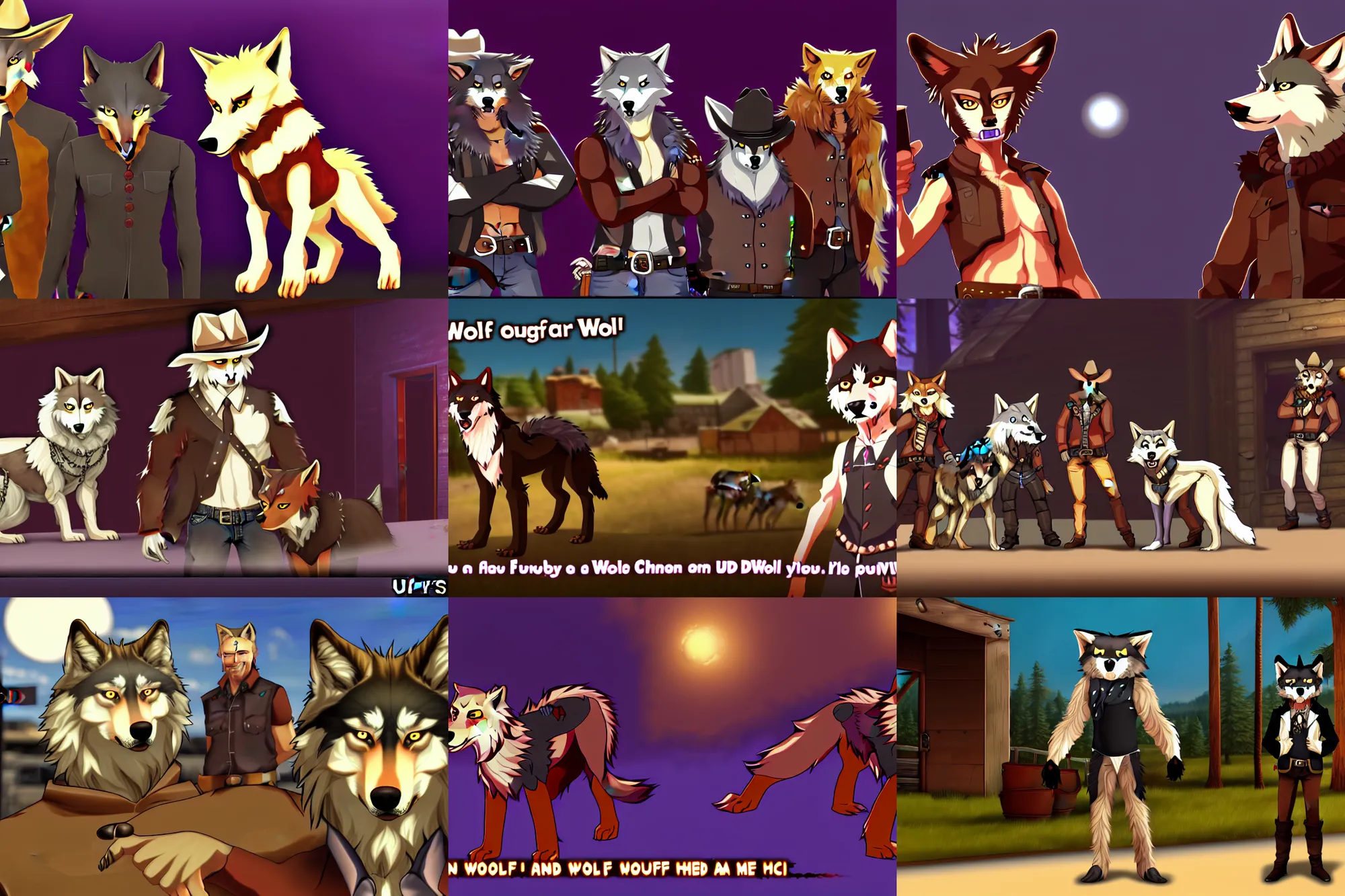 Prompt: furry - wolf - cowboy - fursona uhd ue 5 visual novel pc game screenshot