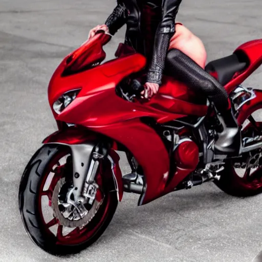 Image similar to photo of a woman that can transform into a motorcycle. detailed. red. beauty.