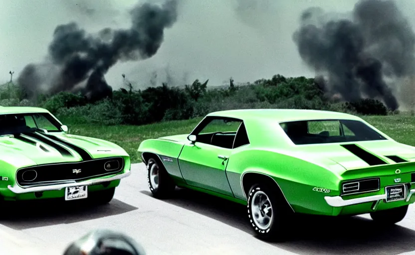 Prompt: a green 1 9 6 9 chevrolet camaro zl driving i high speed, fire explosion in the background