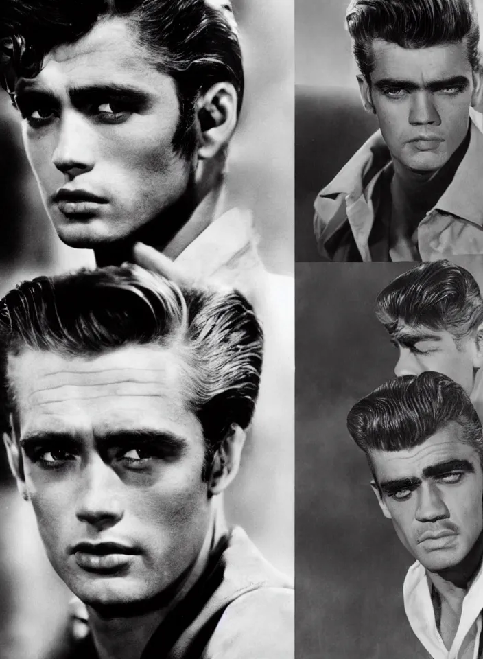 Prompt: genetic combination of james dean, elvis presley, sean connery, and boris karloff. gaunt, handsome, beautiful, striking, chiseled. prominent cheekbones, deep dimples, strong jaw.