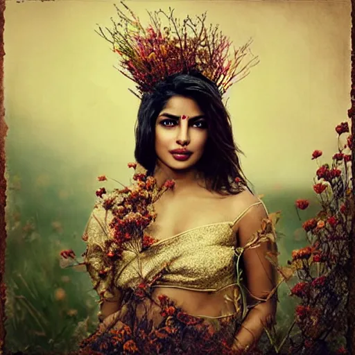 Image similar to fine art photo of the beauty goddess priyanka chopra, she has a crown of dried flowers, by oleg oprisco