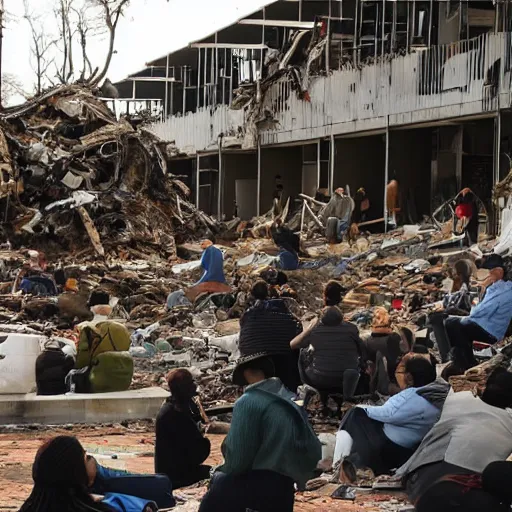 Prompt: people sitting around witnessing the last day of planet earths destruction