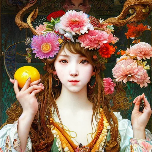 Image similar to a masterpiece ultrarealistic ultradetailed portrait of beautiful love fishmonger jewelry genius girl on fruits street market baroque renaissance. medium shot, intricate, elegant, by stanley artgerm lau, wlop, alphonse mucha, rossdraws, andrei riabovitchev, yoshitaka amano. flower background my james jeand and takashi murakami.