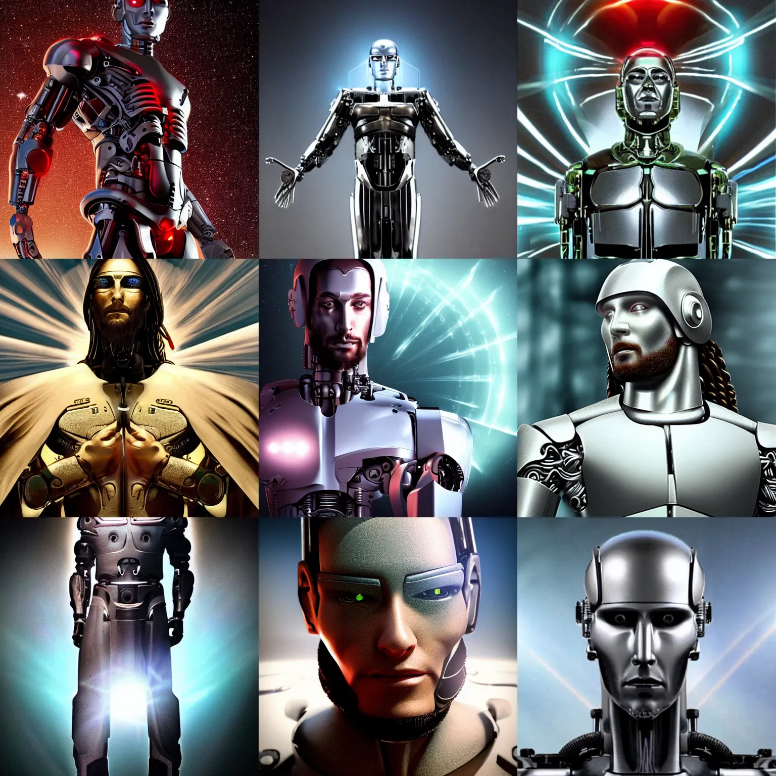 Prompt: stunning photo of cyborg android jesus christ