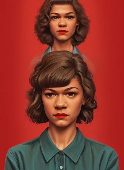 Image similar to twin peaks movie poster art, portrait of zendaya, from scene from twin peaks, clean, simple illustration, nostalgic, domestic, highly detailed, digital painting, artstation, concept art, smooth, sharp focus, illustration, artgerm, donato giancola, joseph christian leyendecker, wlop