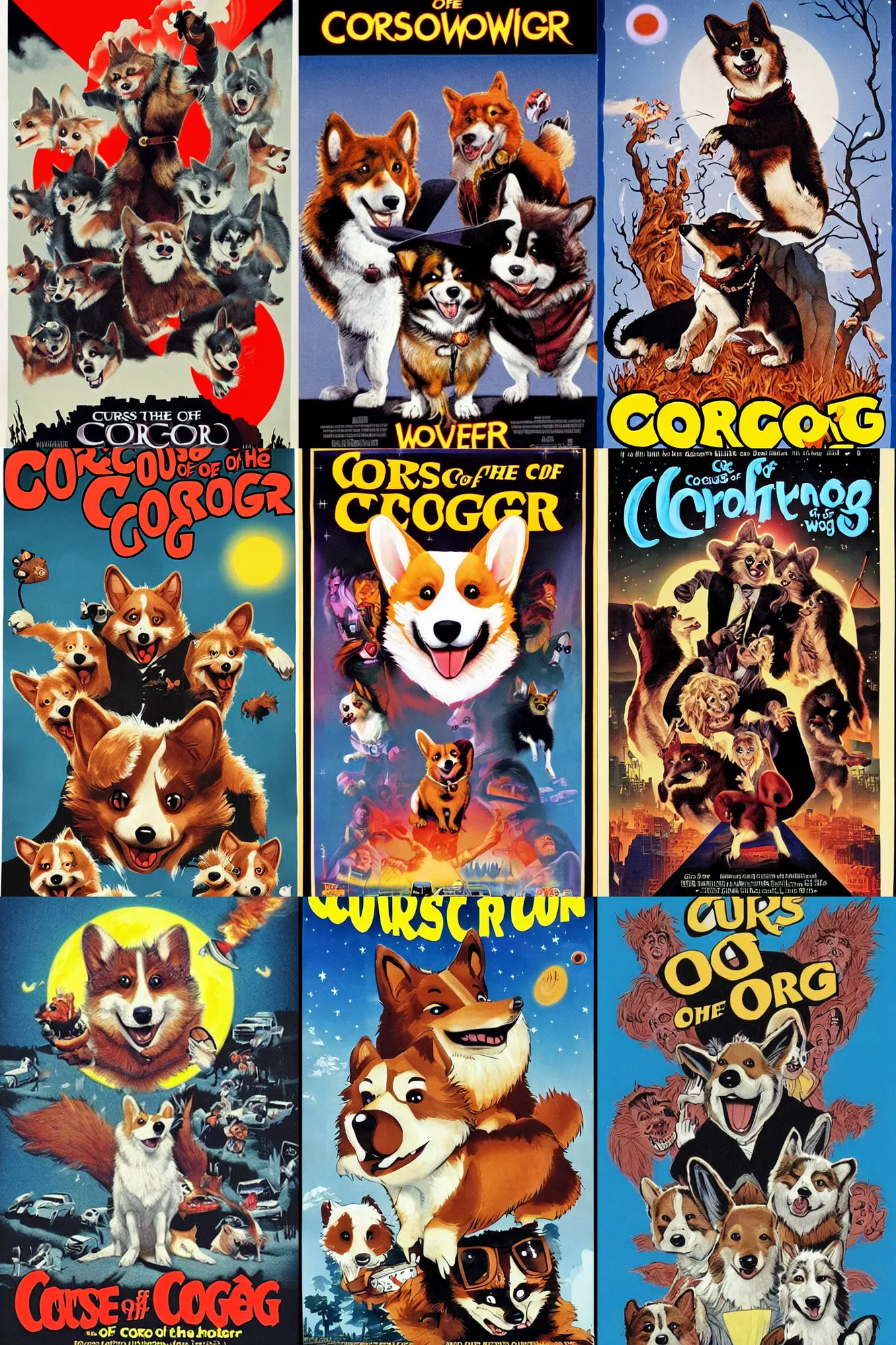 Prompt: movie poster for curse of the corgi werewolf, 1 9 8 0 s