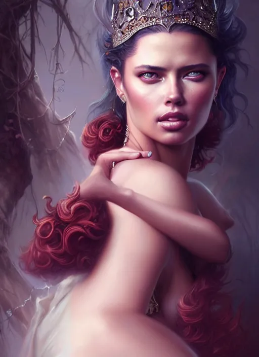 Prompt: a beautiful princess woman with baroque dress, adriana lima, painted by artgerm and tom bagshaw, fantasy art, dramatic lighting, highly detailed oil painting