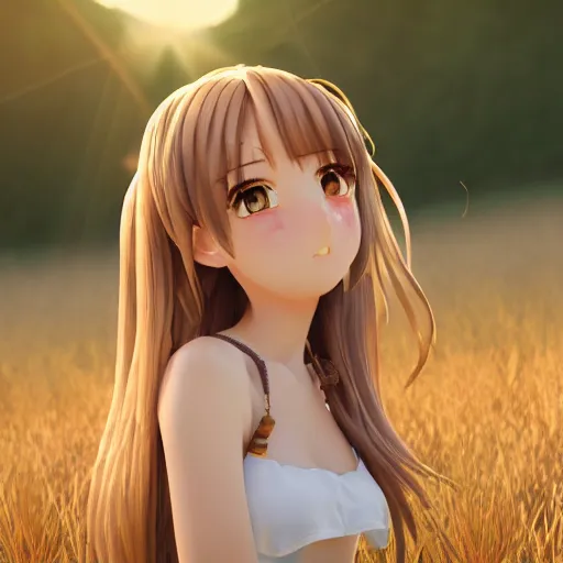 Prompt: Render of a very beautiful 3d anime girl, long hair, hazel eyes, cute freckles, full round face, short smile, cute sundress, golden hour, golden grasslands setting, medium shot, mid-shot, highly detailed, trending on Artstation, Unreal Engine 4k