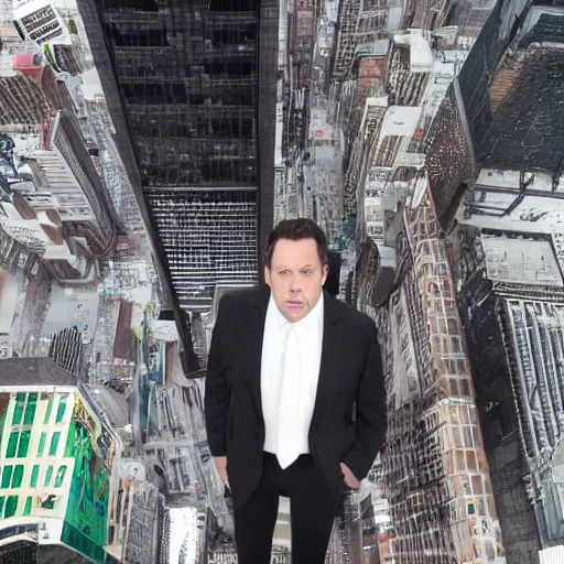 Image similar to Jon Favreau as clean-shaven Happy Hogan wearing a black suit and black necktie and black dress shoes is climbing up the side of a tall building in an urban city. The sky is filled with dark clouds and the mood is ominous.