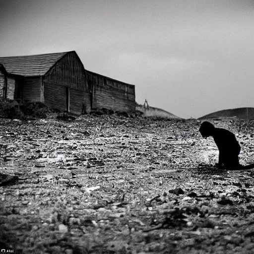 Prompt: desperation; pathetic creature with nothing to lose; hopelessness; drab landscape; desolation